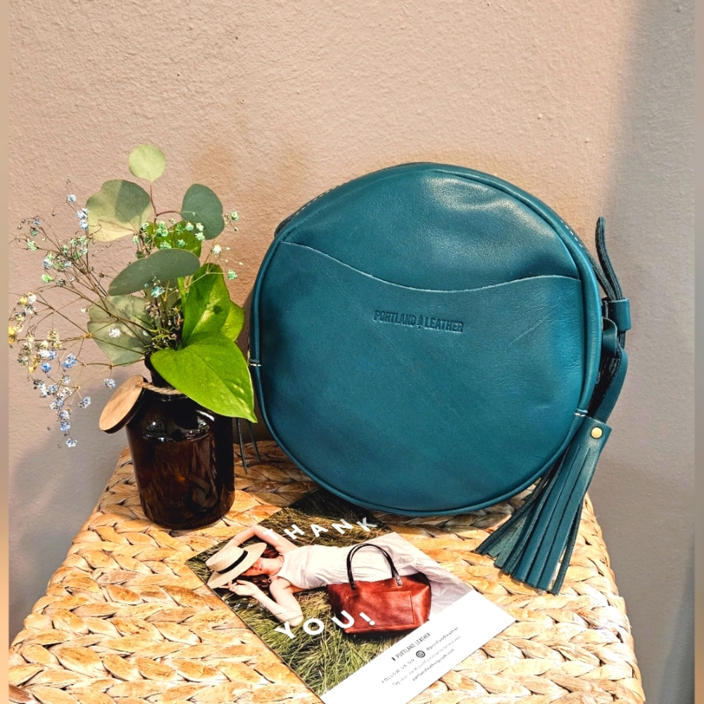 New Portland Leather Goods large circle crossbody and tassel in peacock